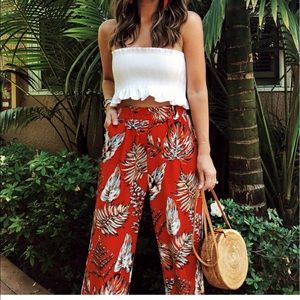 Tropical print wide leg pant